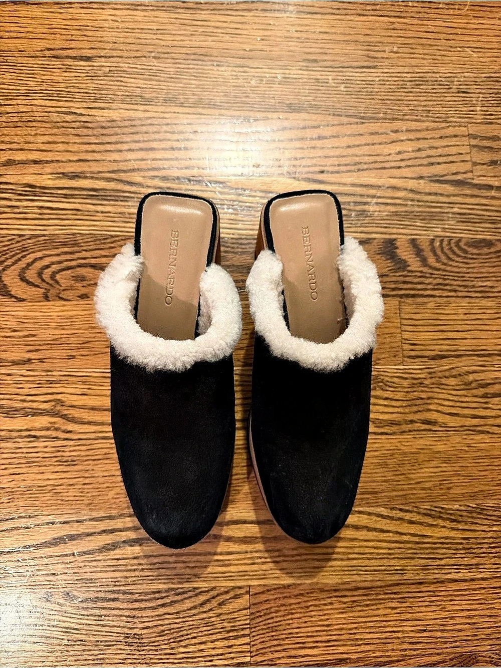 BERNARDO Sky Clog Black & White Shearling Trim Mules